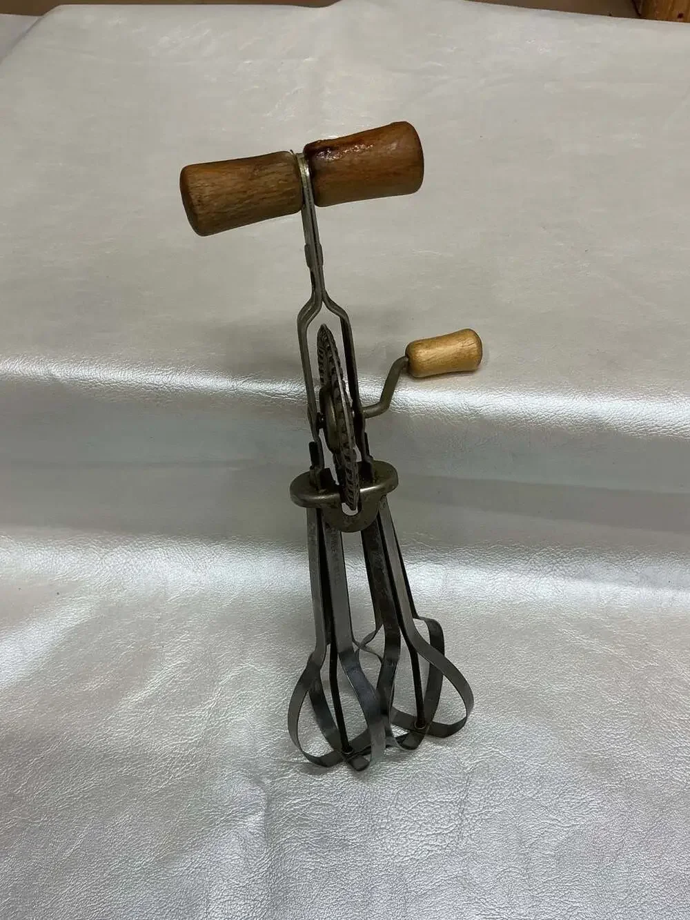 Vintage Stainless Steel Hand Crank Egg Beater Mixer with Wooden Handles